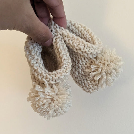 Hand-knitted Stone Booties with Pom Pom